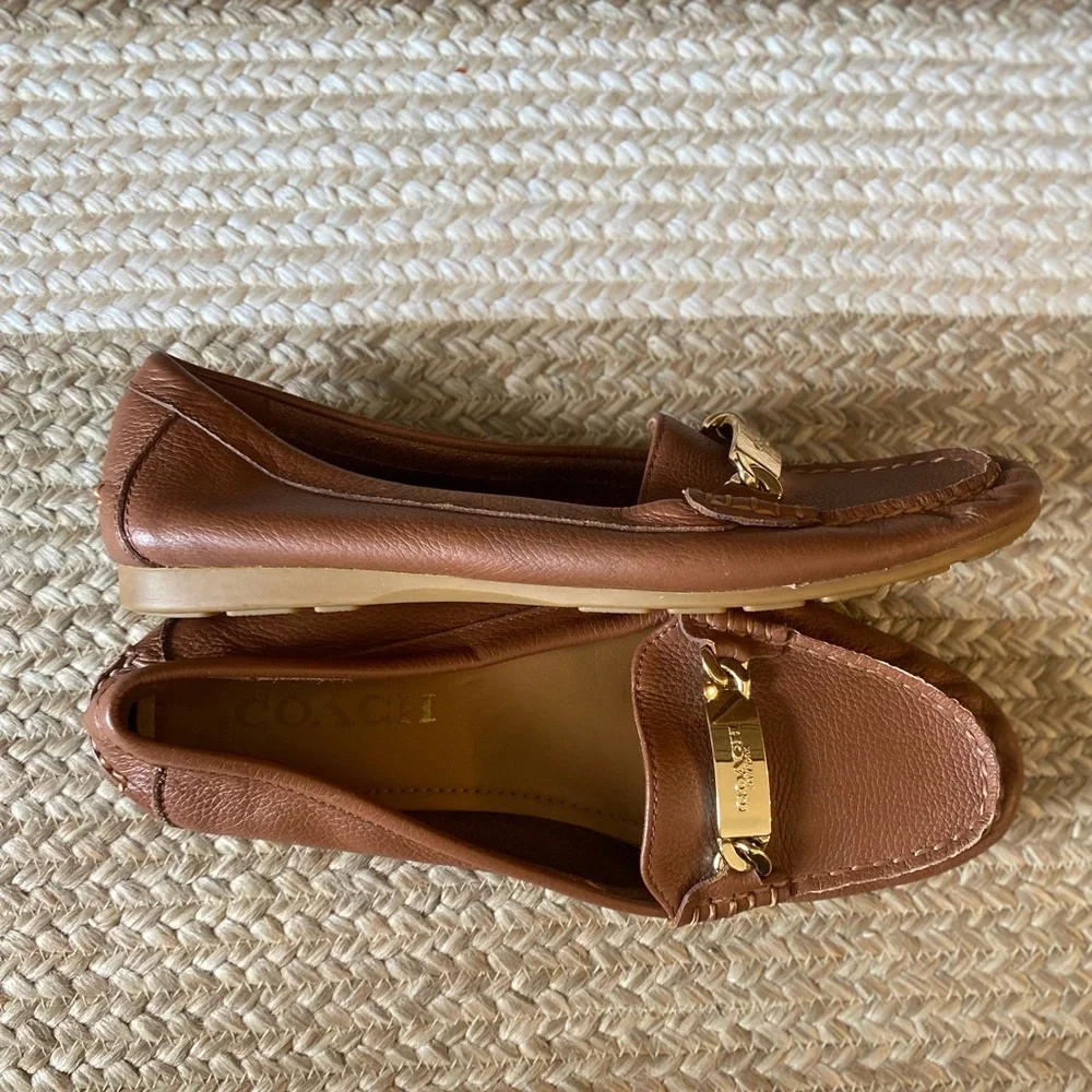 Coach Brown Leather Moccasin Loafers with Gold Tone Hardware